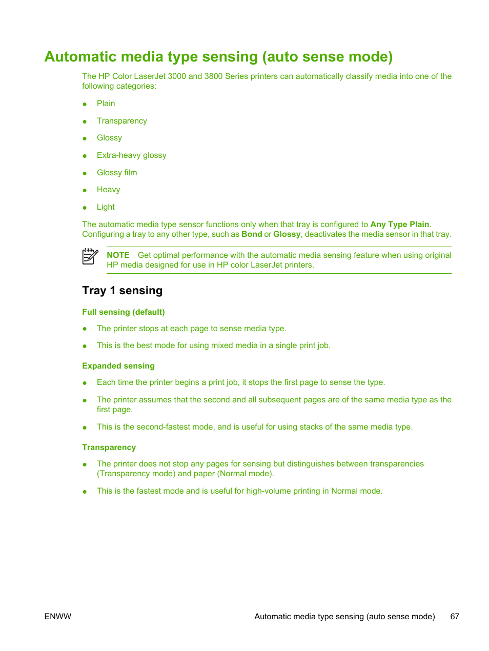 Automatic media type sensing (auto sense mode), Tray 1 sensing | HP 3800 User Manual | Page 81 / 226
