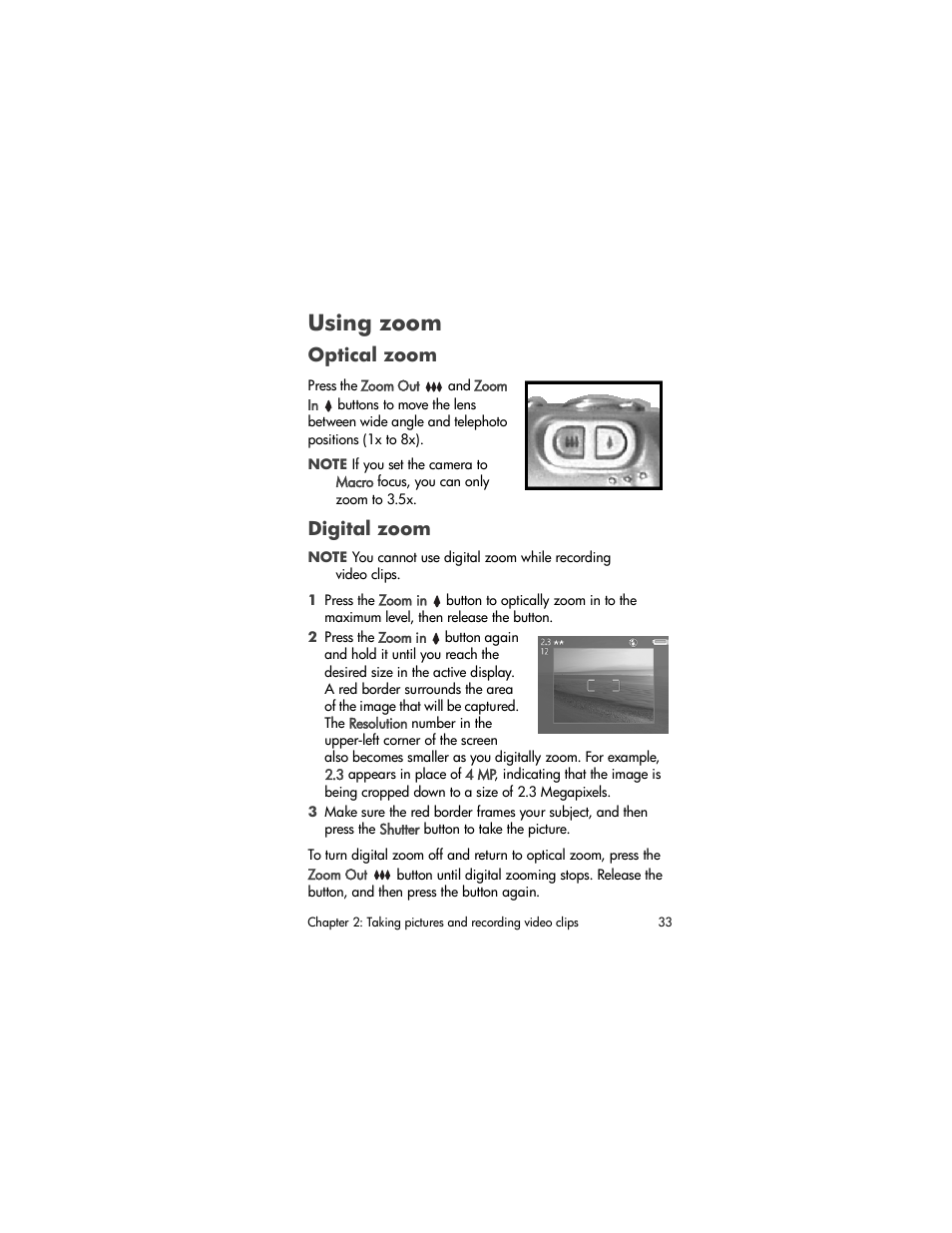 Using zoom, Optical zoom, Digital zoom | HP PhotoSmart 850 User Manual | Page 33 / 112