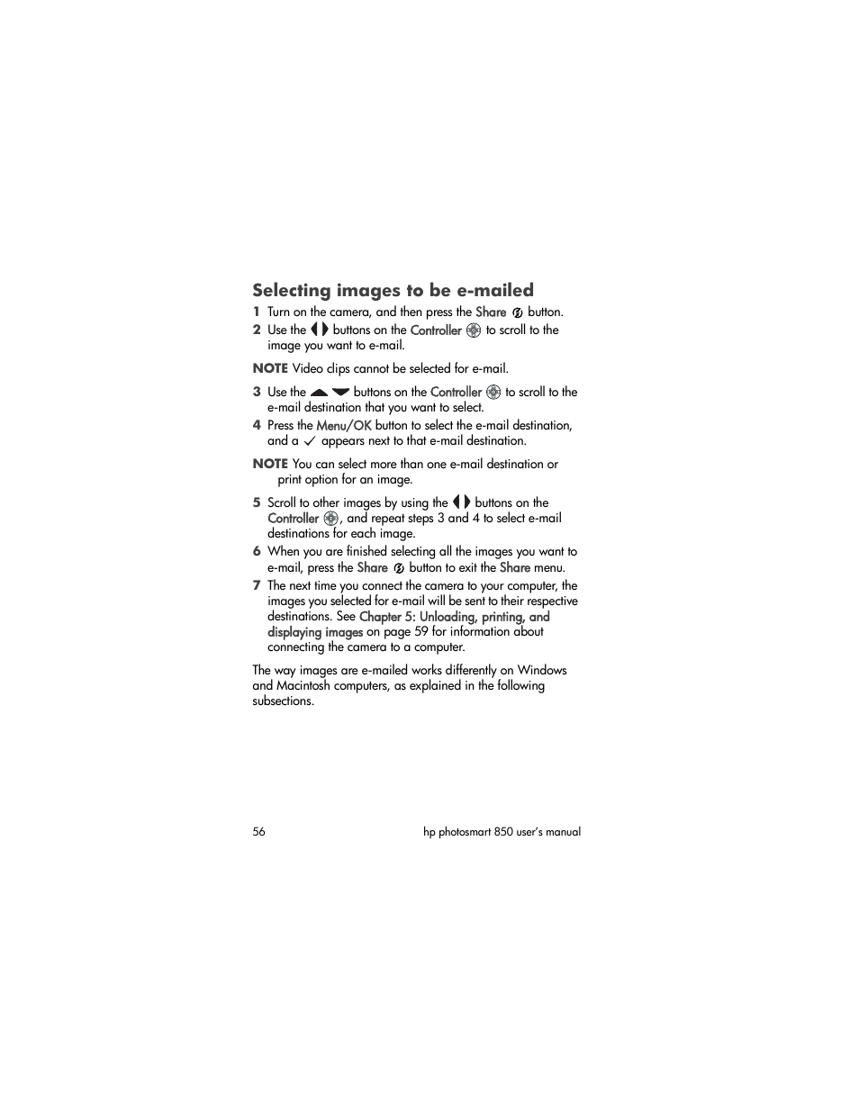 Selecting images to be emailed, Selecting images to be e-mailed | HP PhotoSmart 850 User Manual | Page 56 / 112