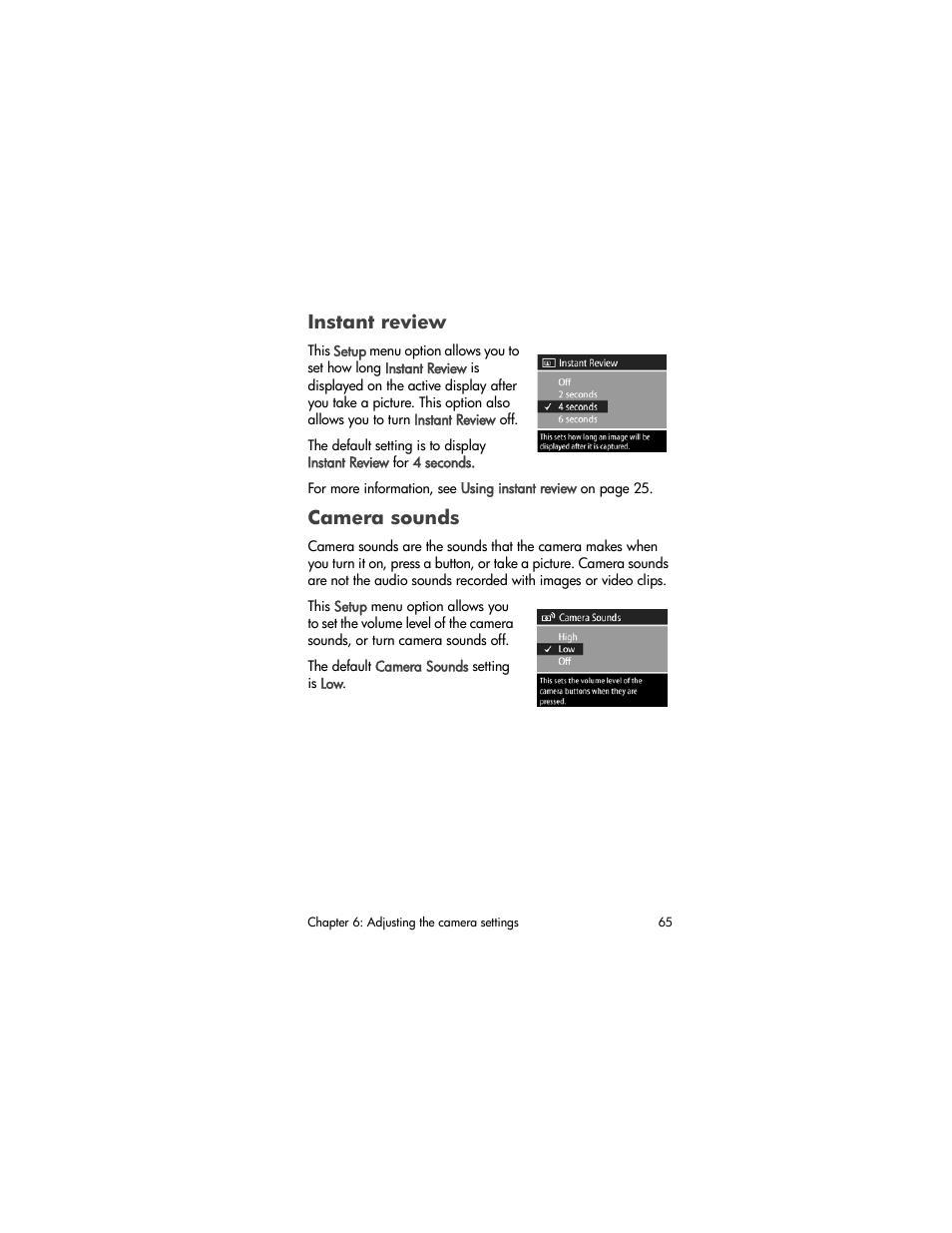 Instant review, Camera sounds, Instant | Review | HP PhotoSmart 850 User Manual | Page 65 / 112