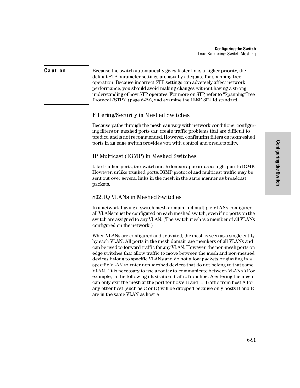 Filtering/security in meshed switches, Ip multicast (igmp) in meshed switches, 1q vlans in meshed switches | HP 8000M User Manual | Page 167 / 304