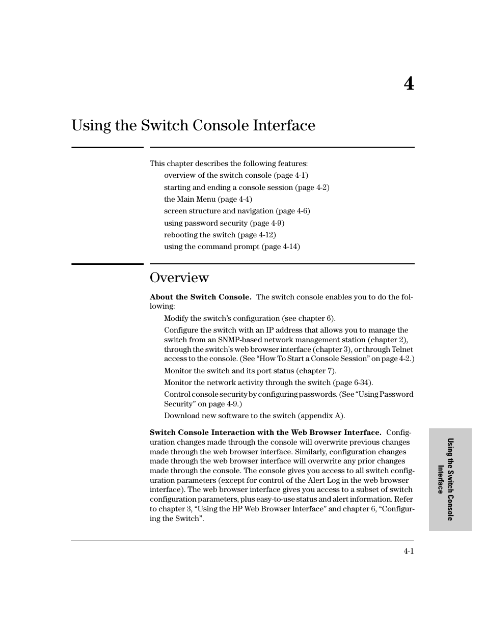 Chapter 4: using the switch console interface, Overview, 4 using the switch console interface | Using the switch console interface | HP 8000M User Manual | Page 55 / 304