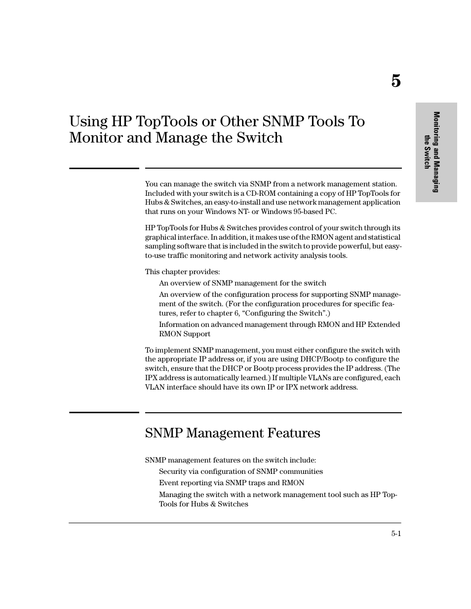 Snmp management features, Manage the switch | HP 8000M User Manual | Page 73 / 304