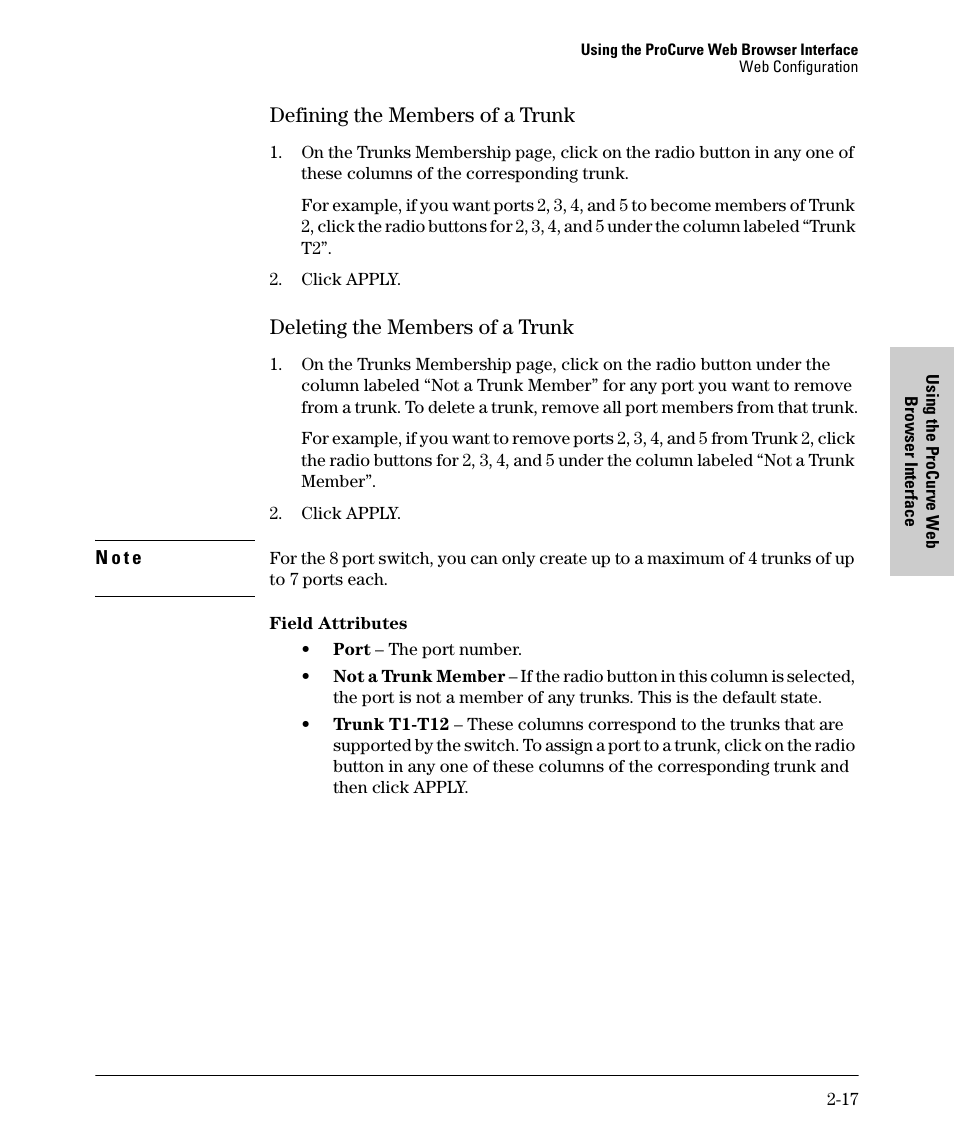 Defining the members of a trunk, Deleting the members of a trunk | HP 1700-24 User Manual | Page 27 / 56
