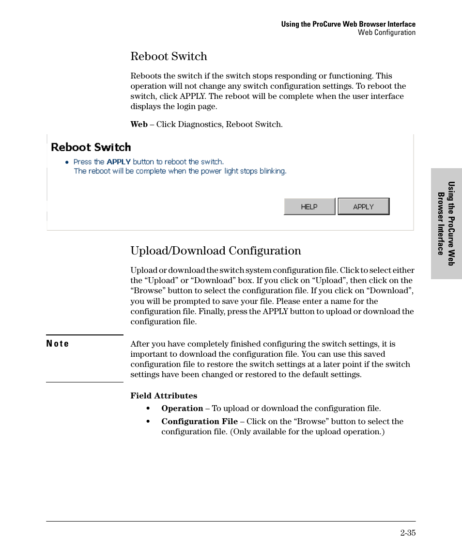 Reboot switch, Upload/download configuration, Reboot switch -35 | Upload/download configuration -35 | HP 1700-24 User Manual | Page 45 / 56