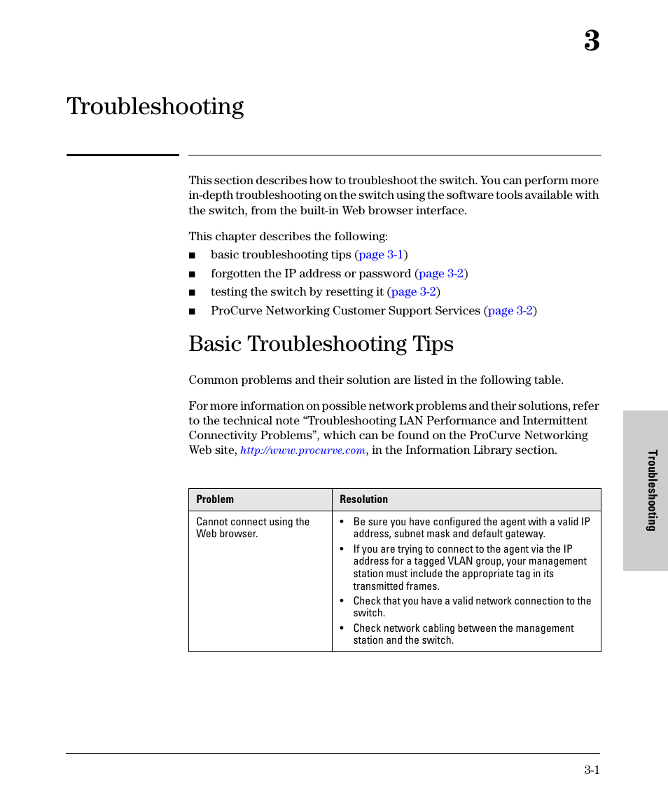 Troubleshooting, Basic troubleshooting tips, 3 troubleshooting | HP 1700-24 User Manual | Page 49 / 56