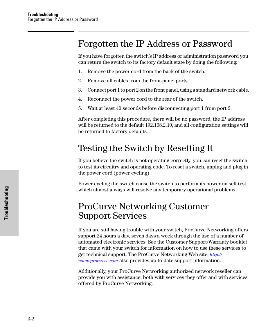 Forgotten the ip address or password, Testing the switch by resetting it, Procurve networking customer support services | HP 1700-24 User Manual | Page 50 / 56