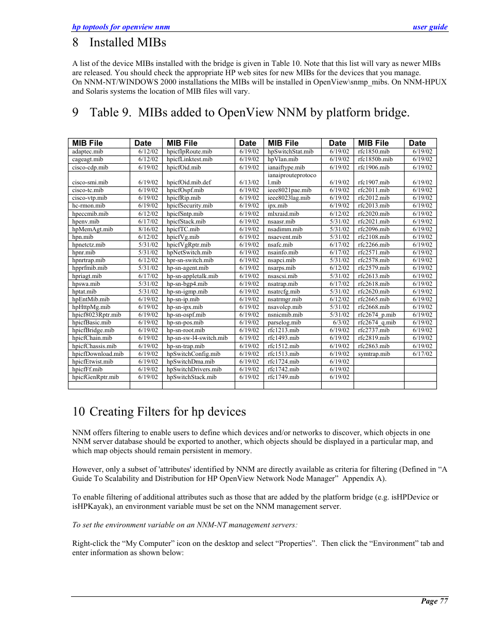 Installed mibs, Creating filters for hp devices, 8 installed mibs | 10 creating filters for hp devices | HP zl User Manual | Page 77 / 86