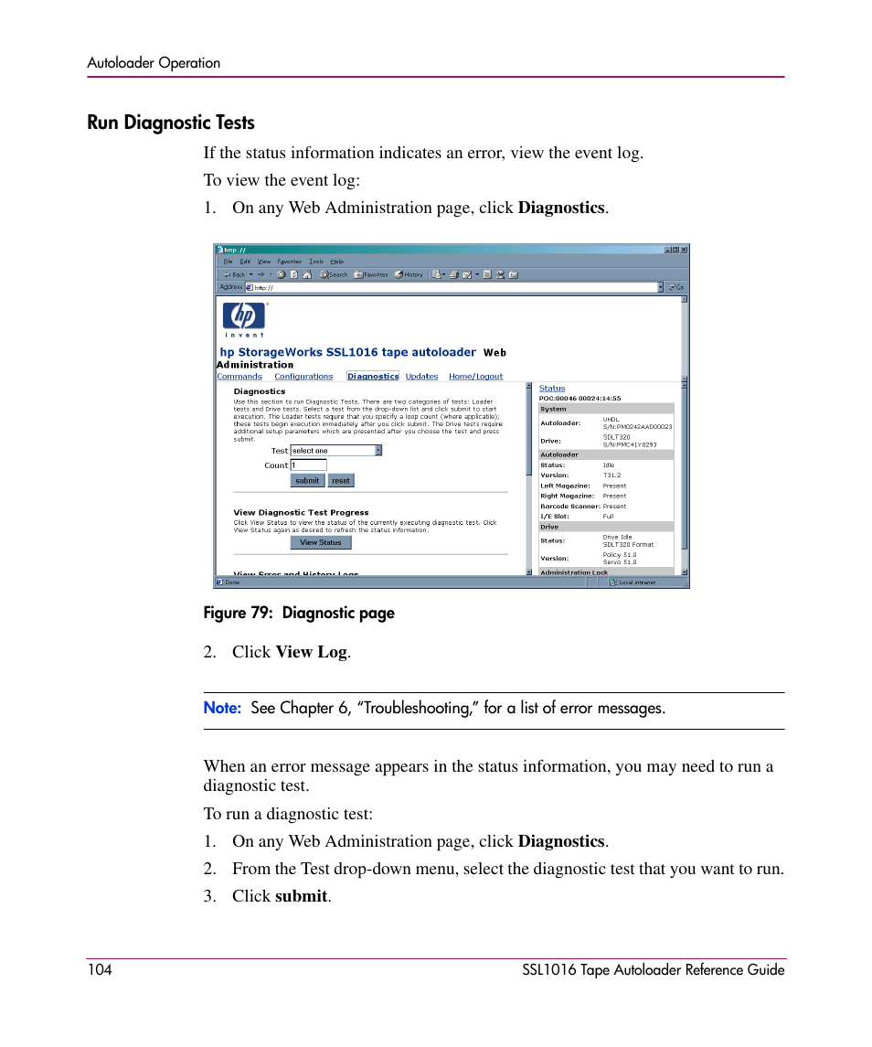 Run diagnostic tests | HP STORAGEWORKS SSL1016 User Manual | Page 104 / 160