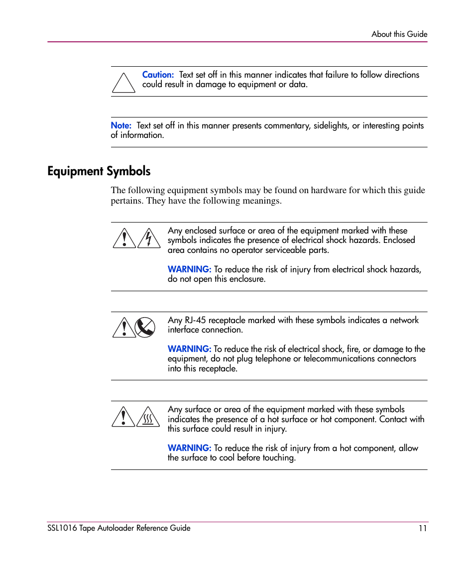 Equipment symbols | HP STORAGEWORKS SSL1016 User Manual | Page 11 / 160