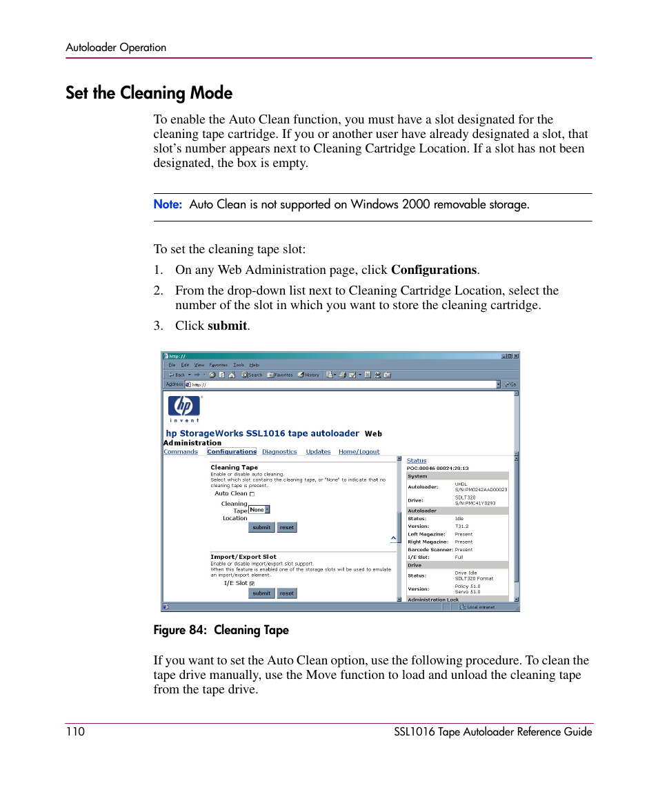 Set the cleaning mode | HP STORAGEWORKS SSL1016 User Manual | Page 110 / 160