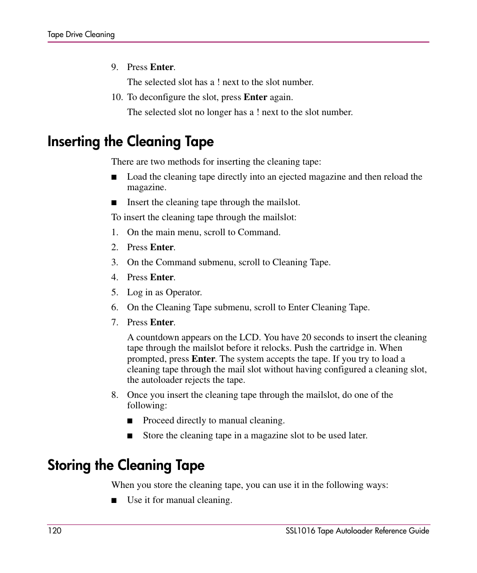 Inserting the cleaning tape, Storing the cleaning tape | HP STORAGEWORKS SSL1016 User Manual | Page 120 / 160