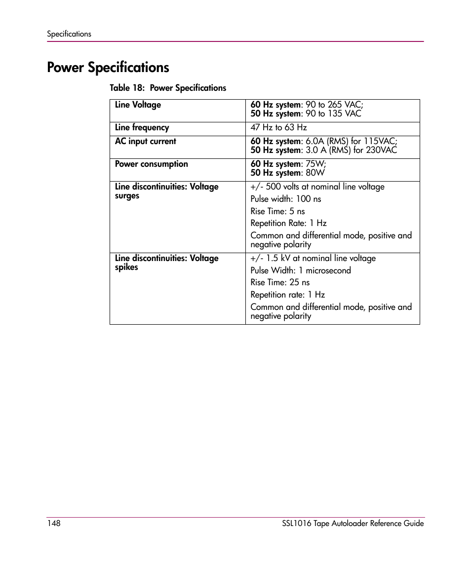 Power specifications | HP STORAGEWORKS SSL1016 User Manual | Page 148 / 160