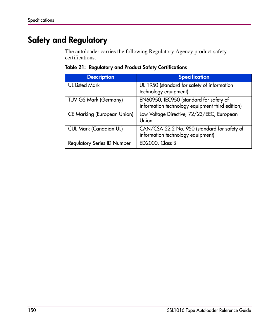 Safety and regulatory | HP STORAGEWORKS SSL1016 User Manual | Page 150 / 160