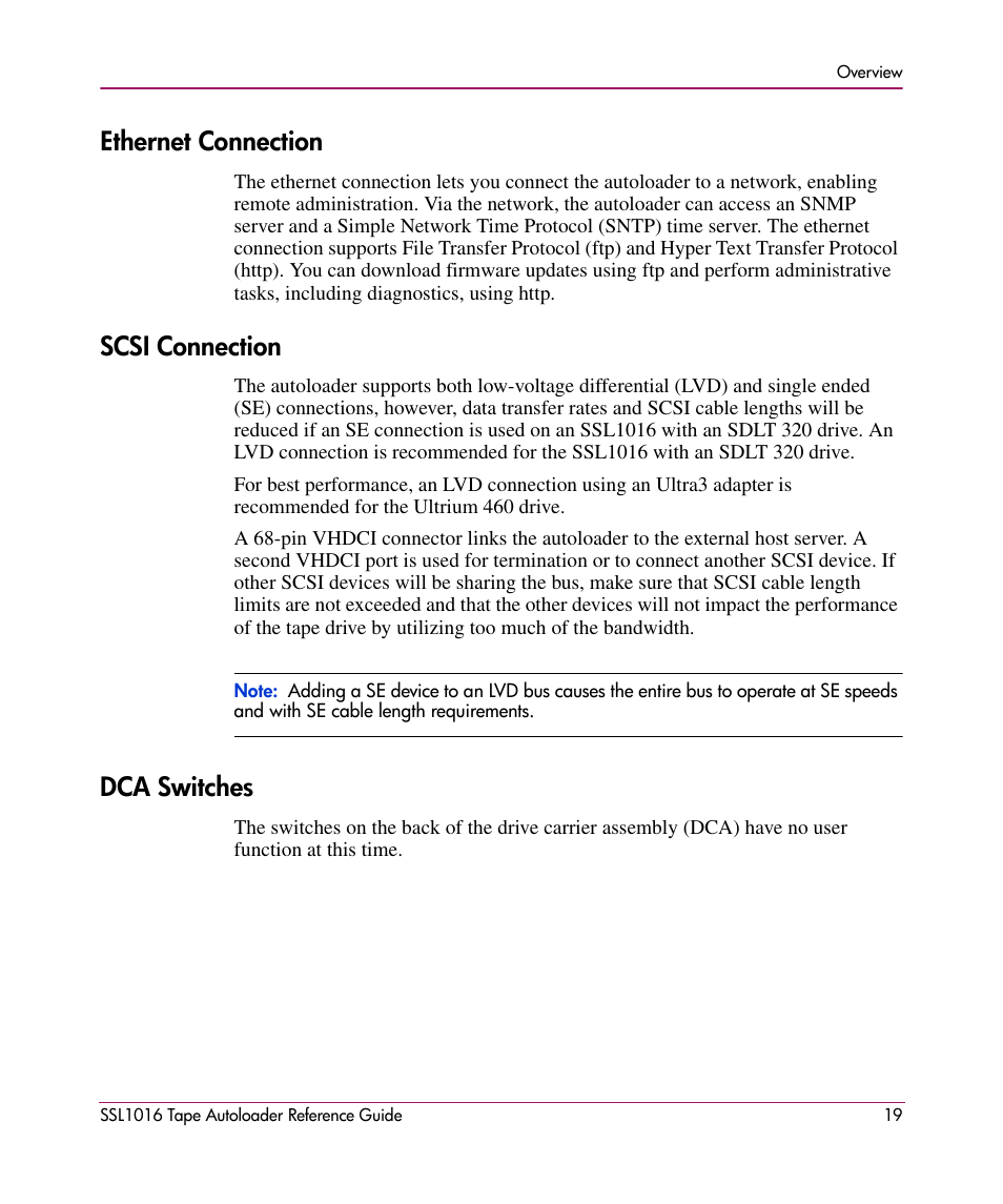 Ethernet connection, Scsi connection, Dca switches | Ethernet connection scsi connection dca switches | HP STORAGEWORKS SSL1016 User Manual | Page 19 / 160