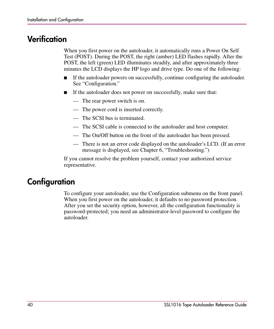 Verification, Configuration, Verification configuration | HP STORAGEWORKS SSL1016 User Manual | Page 40 / 160