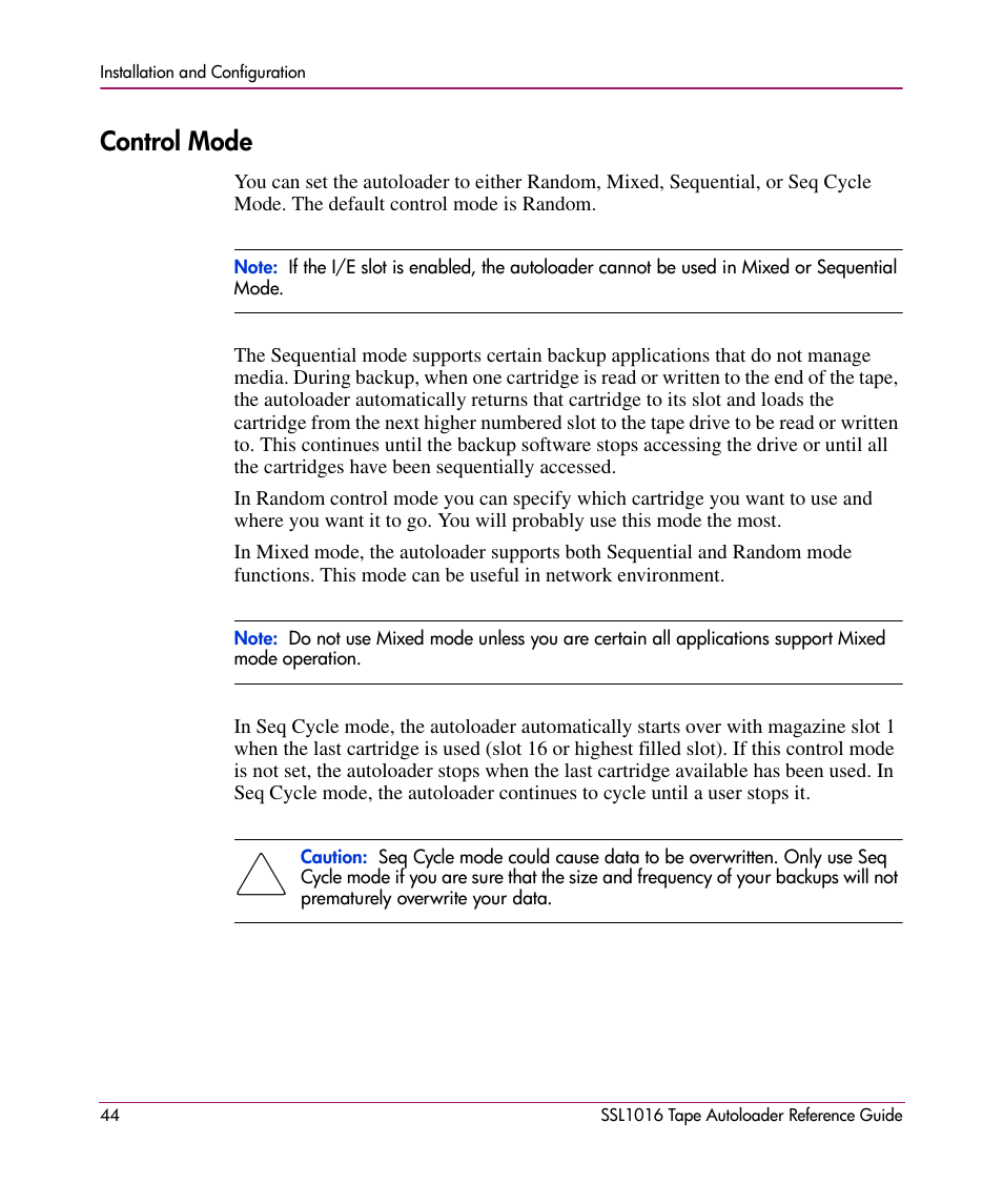 Control mode | HP STORAGEWORKS SSL1016 User Manual | Page 44 / 160