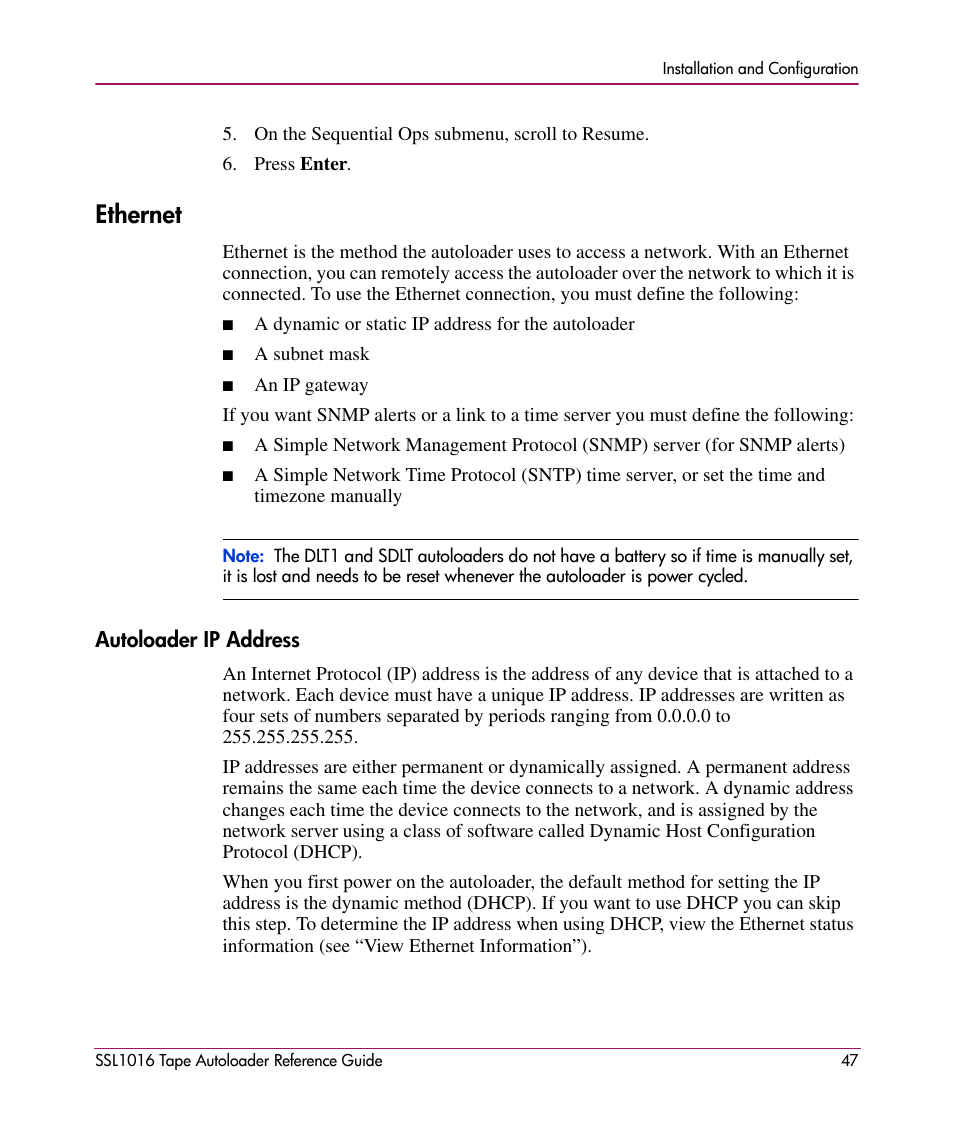 Ethernet, Autoloader ip address | HP STORAGEWORKS SSL1016 User Manual | Page 47 / 160
