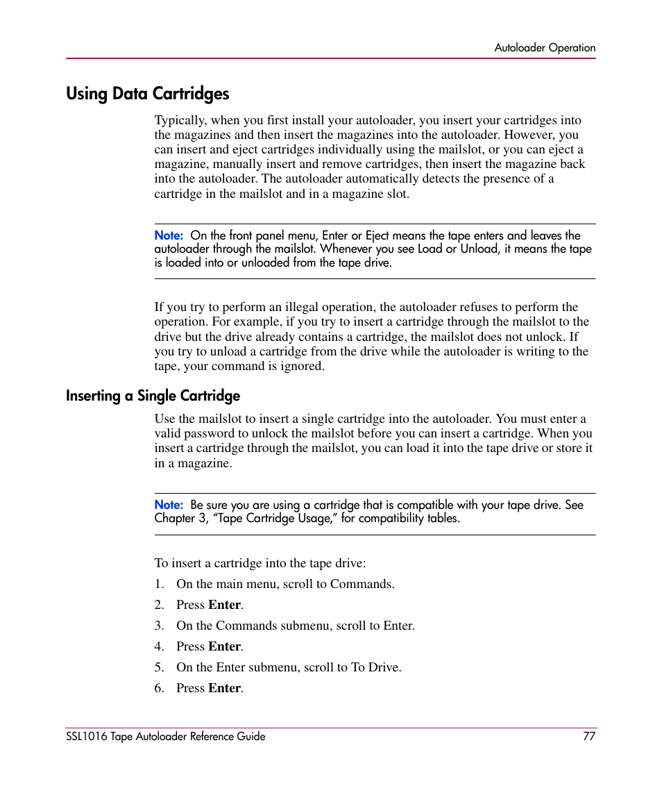 Using data cartridges, Inserting a single cartridge | HP STORAGEWORKS SSL1016 User Manual | Page 77 / 160