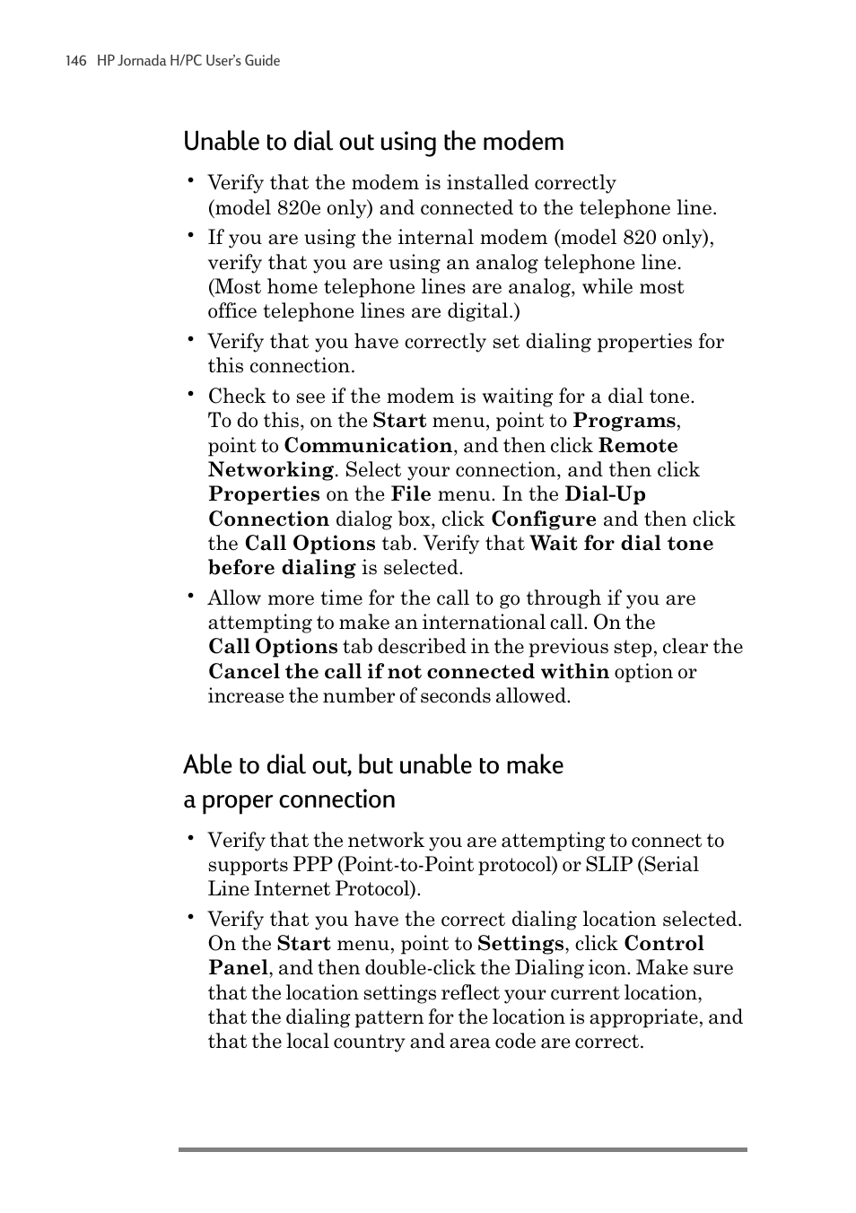 Unable to dial out using the modem | HP 820 User Manual | Page 150 / 186