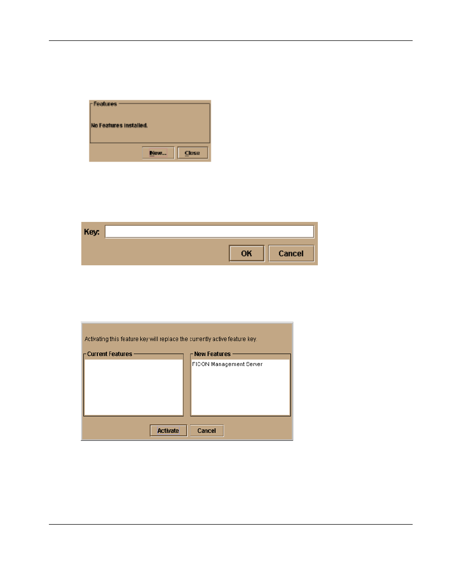 Figure 3-2: configure feature key dialog box, Figure 3-3: new feature key dialog box, Figure 3-4: enable feature key dialog box | Configure feature key dialog box –4, New feature key dialog box –4, Enable feature key dialog box –4 | HP 958-000290-000 User Manual | Page 102 / 144