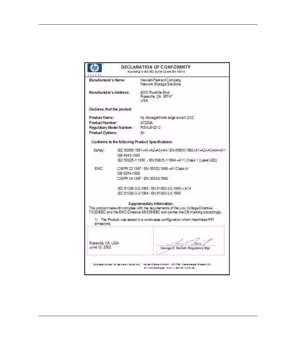 Declaration of conformity | HP 958-000290-000 User Manual | Page 113 / 144