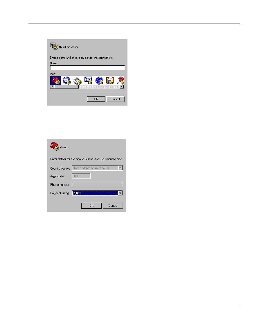 Figure 2-1: connection description dialog box, Figure 2-2: connect to dialog box, Connection description dialog box –8 | Connect to dialog box –8, Figure 2–1 | HP 958-000290-000 User Manual | Page 34 / 144