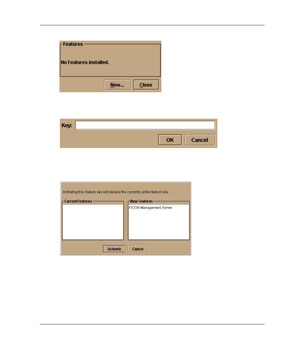 Figure 2-9: configure feature key dialog box, Figure 2-10: new feature key dialog box, Figure 2-11: enable feature key dialog box | Configure feature key dialog box –17, New feature key dialog box –17, Enable feature key dialog box –17, Figure 2–9 | HP 958-000290-000 User Manual | Page 43 / 144