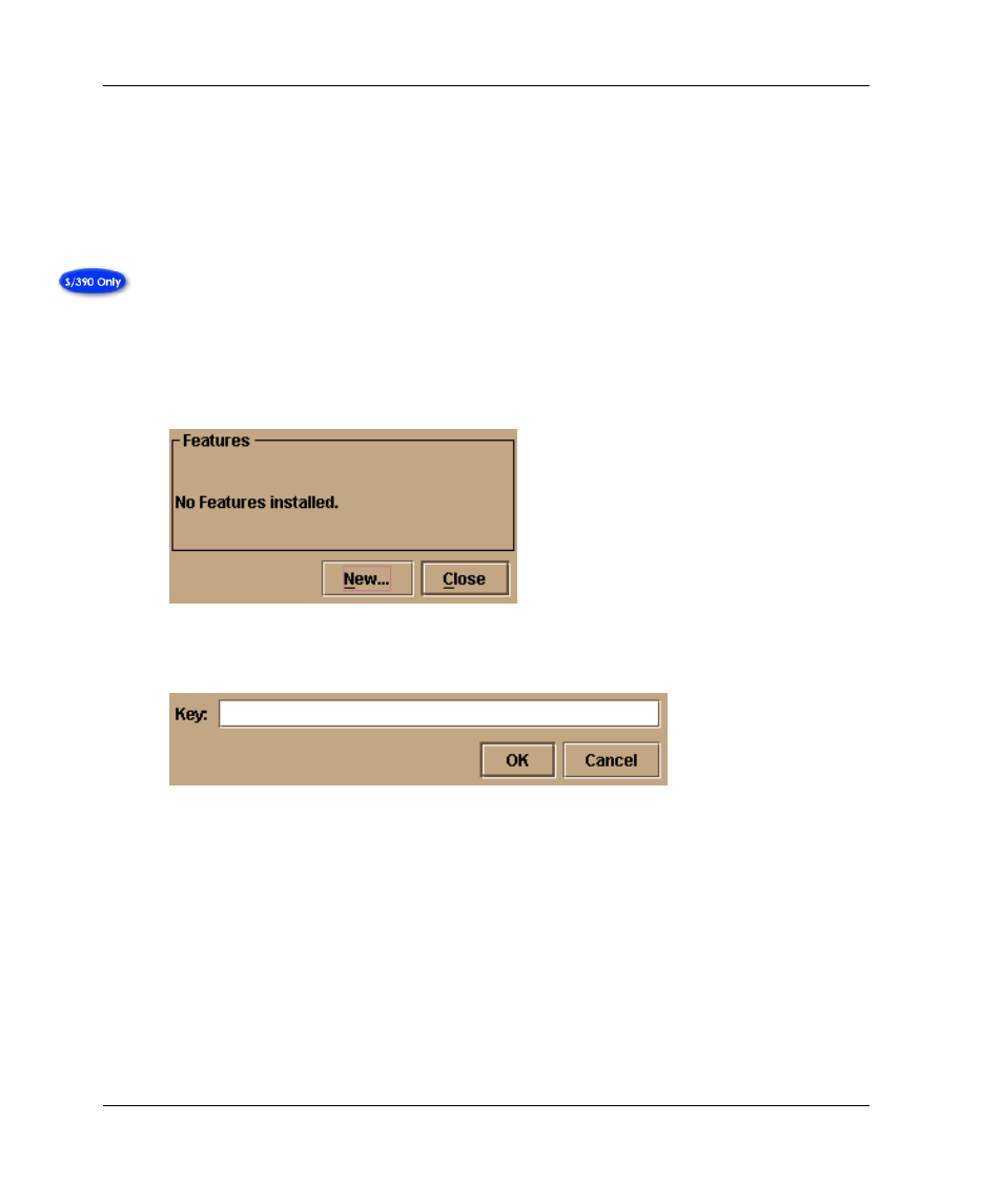 Configure fms feature key, Figure 2-12: configure feature key dialog box, Figure 2-13: new feature key dialog box | Configure fms feature key –18, Configure feature key dialog box –18, New feature key dialog box –18 | HP 958-000290-000 User Manual | Page 44 / 144