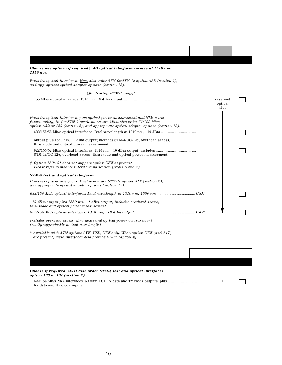 Optical interfaces options, Sonet/sdh binary interfaces option | HP 37717C User Manual | Page 10 / 12