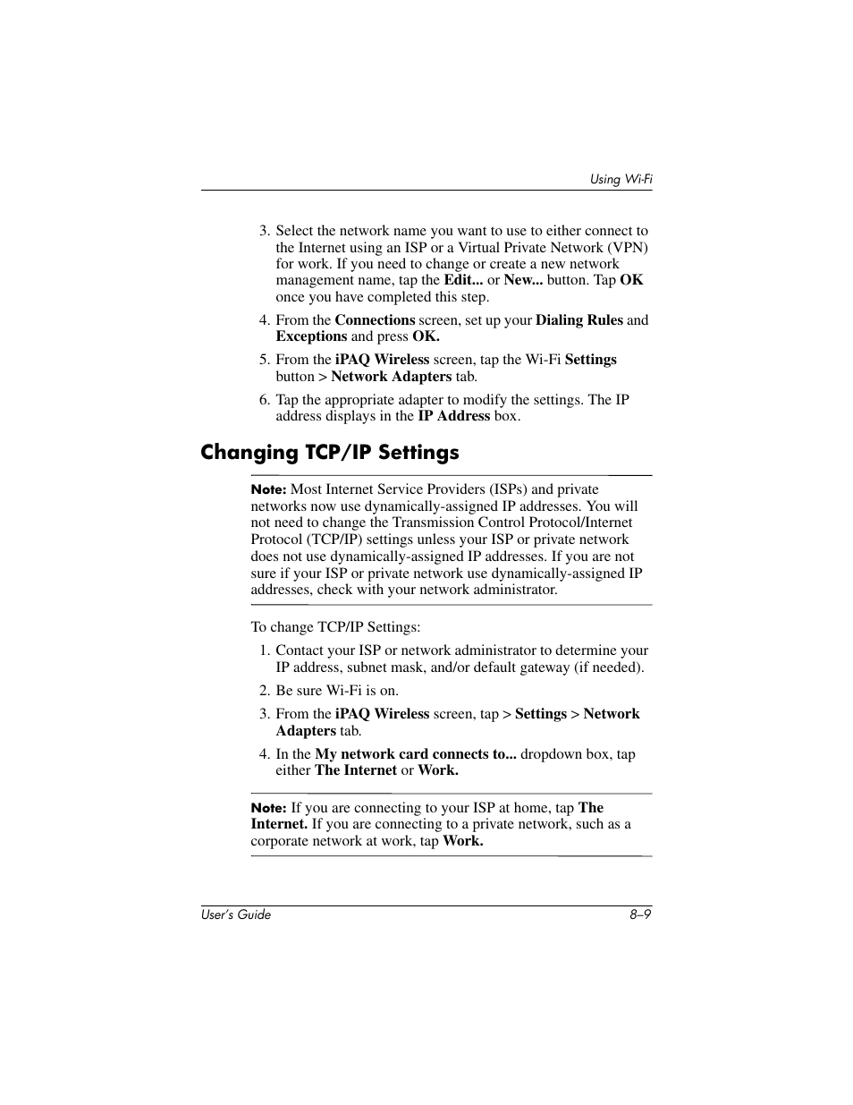 Changing tcp/ip settings, Changing tcp/ip settings –9 | HP iPAQ hx4700 User Manual | Page 107 / 169