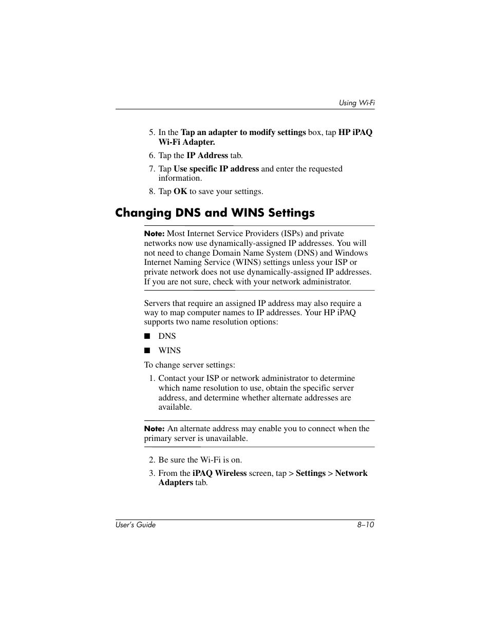 Changing dns and wins settings, Changing dns and wins settings –10 | HP iPAQ hx4700 User Manual | Page 108 / 169