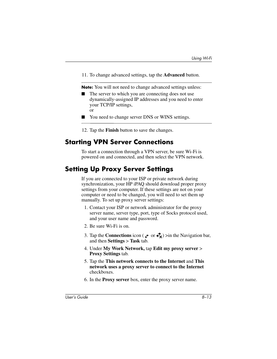Starting vpn server connections, Setting up proxy server settings | HP iPAQ hx4700 User Manual | Page 111 / 169