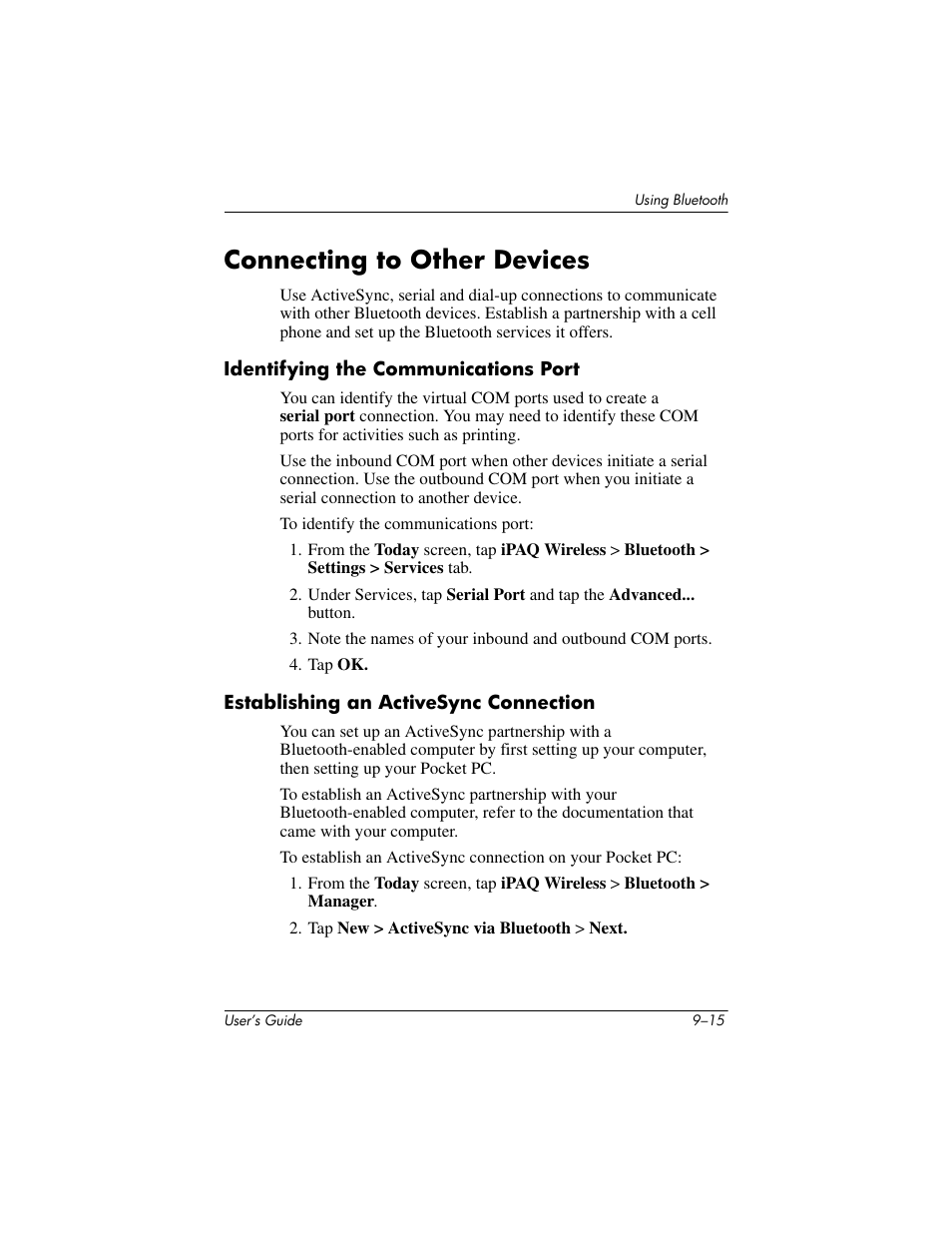 Connecting to other devices, Identifying the communications port, Establishing an activesync connection | Connecting to other devices –15 | HP iPAQ hx4700 User Manual | Page 129 / 169
