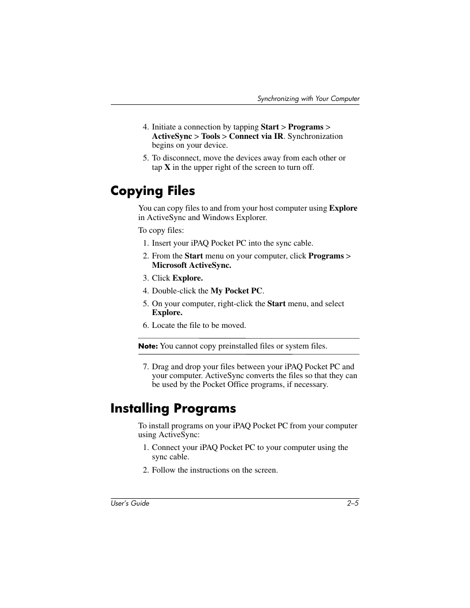Copying files, Installing programs, Copying files –5 installing programs –5 | HP iPAQ hx4700 User Manual | Page 27 / 169