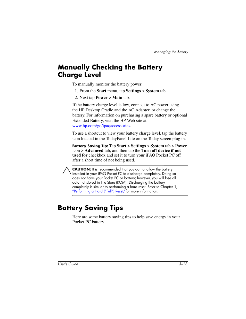 Manually checking the battery charge level, Battery saving tips | HP iPAQ hx4700 User Manual | Page 42 / 169