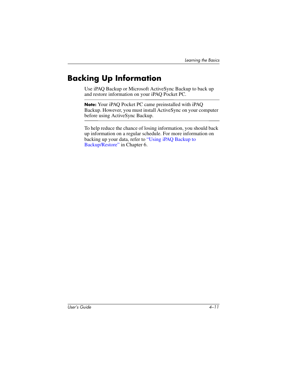 Backing up information, Backing up information –11 | HP iPAQ hx4700 User Manual | Page 56 / 169