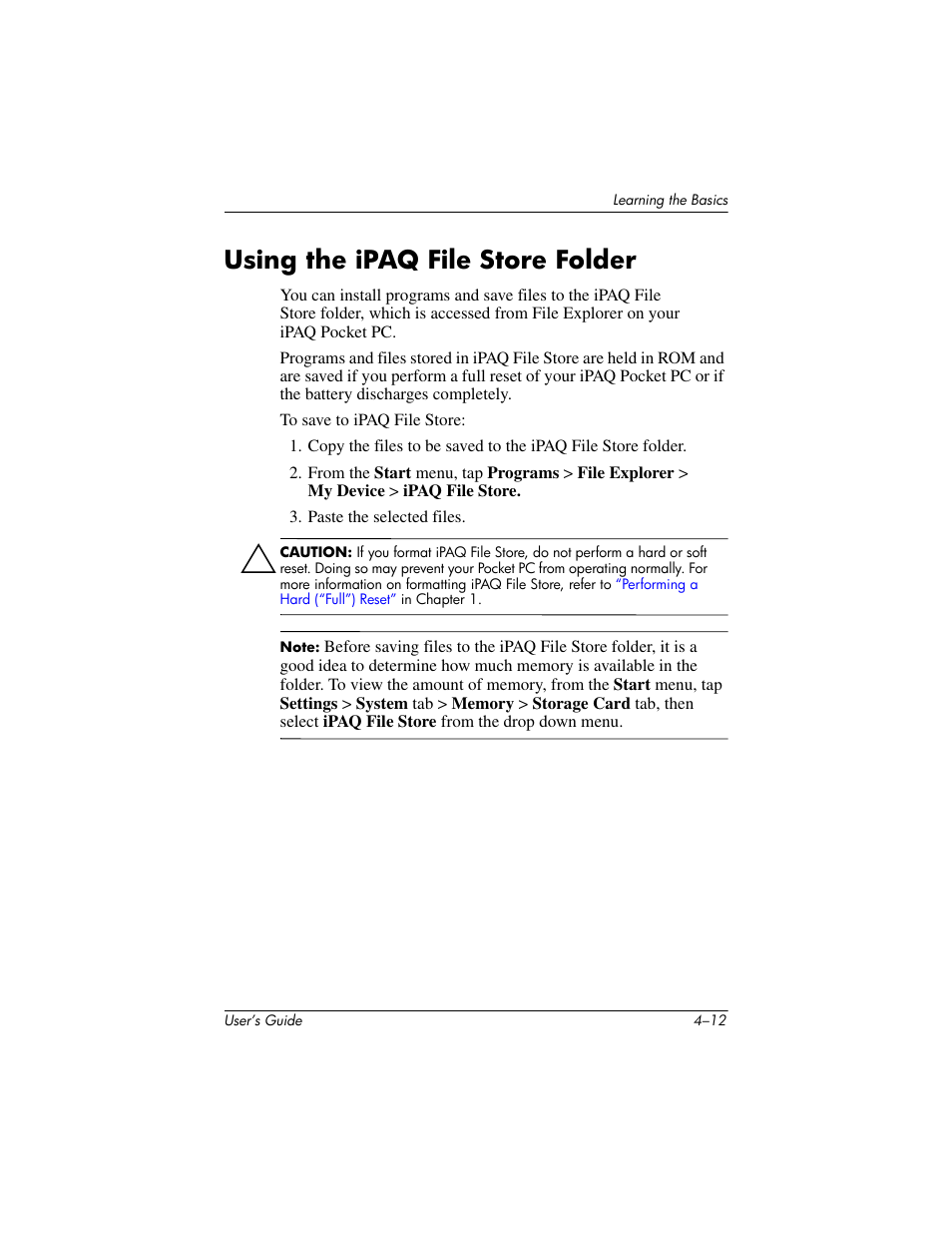 Using the ipaq file store folder, Using the ipaq file store folder –12 | HP iPAQ hx4700 User Manual | Page 57 / 169