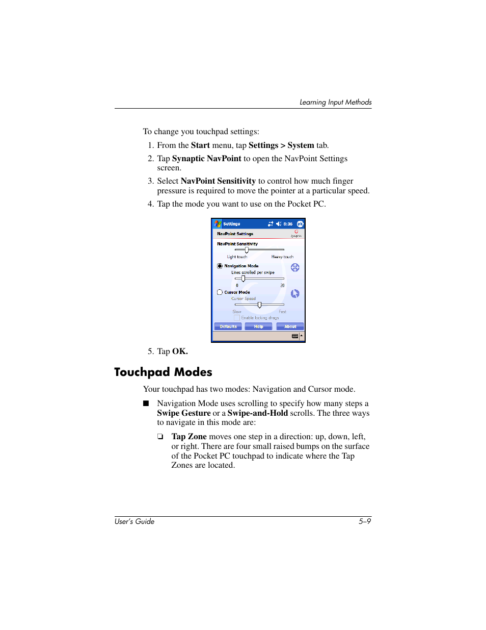Touchpad modes, Touchpad modes –9 | HP iPAQ hx4700 User Manual | Page 66 / 169