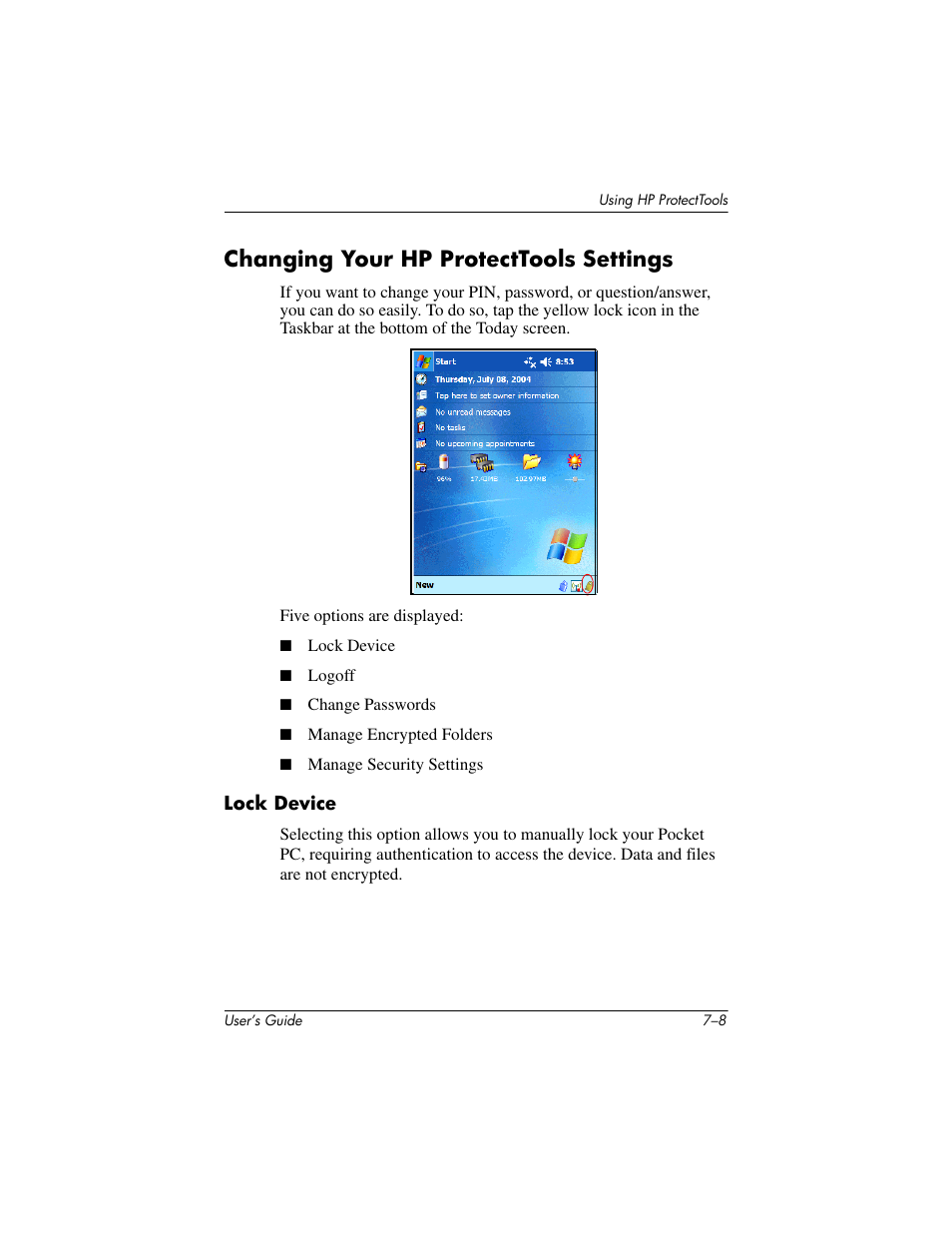 Changing your hp protecttools settings, Lock device, Changing your hp protecttools settings –8 | HP iPAQ hx4700 User Manual | Page 96 / 169