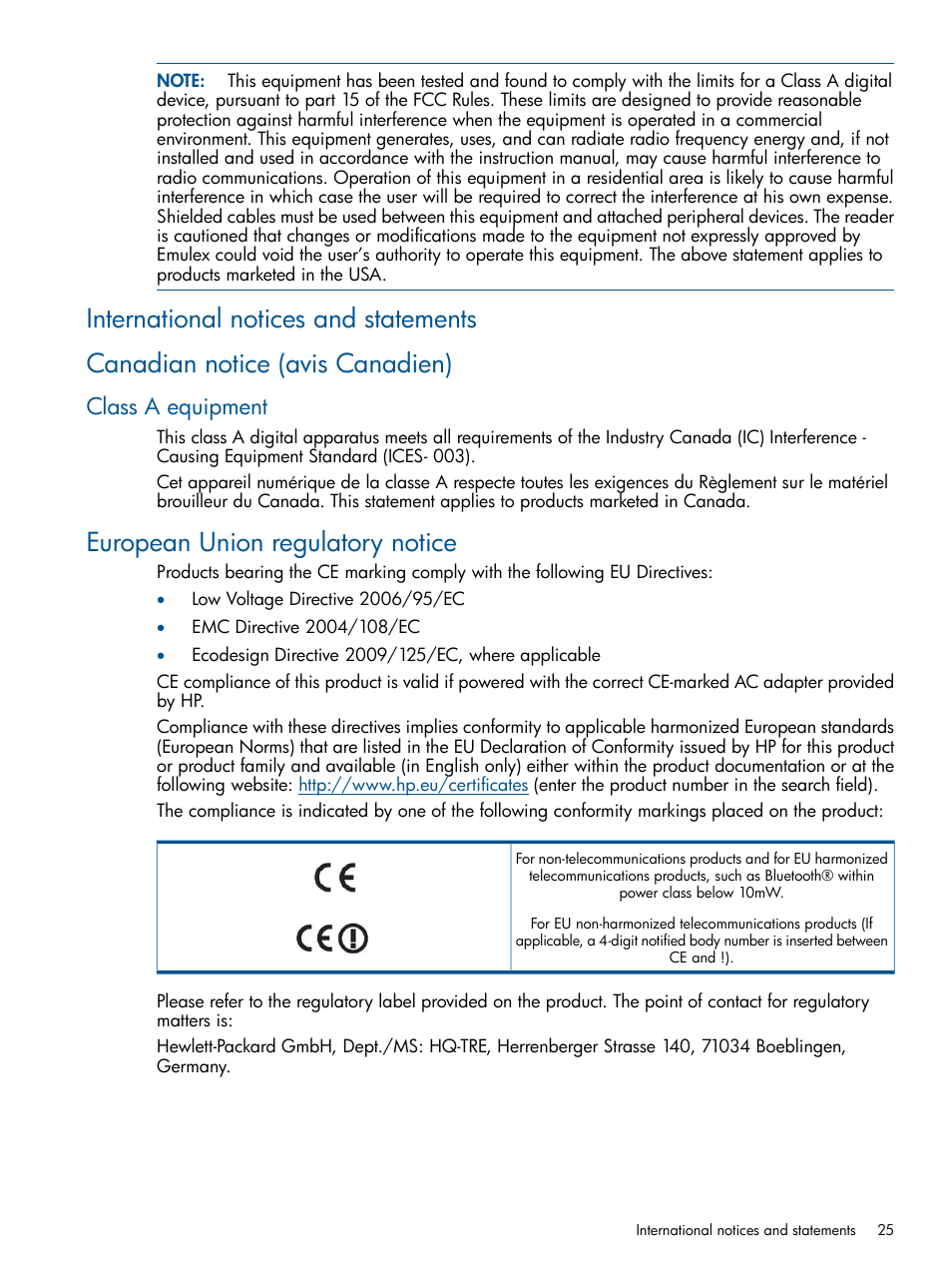 International notices and statements, Canadian notice (avis canadien), Class a equipment | European union regulatory notice | HP CN1100E User Manual | Page 25 / 29