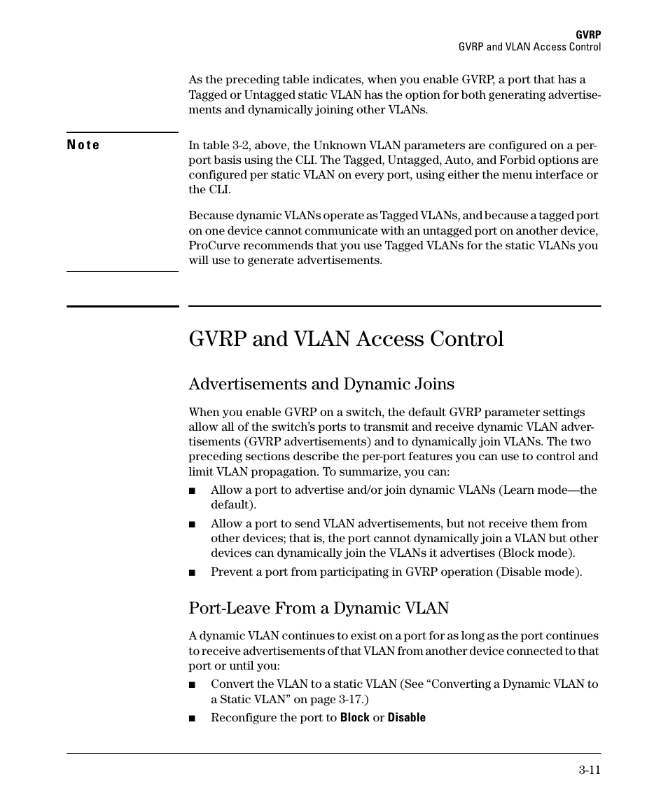 Gvrp and vlan access control, Advertisements and dynamic joins, Port-leave from a dynamic vlan | Advertisements and dynamic joins -11, Port-leave from a dynamic vlan -11 | HP 5400ZL User Manual | Page 113 / 450