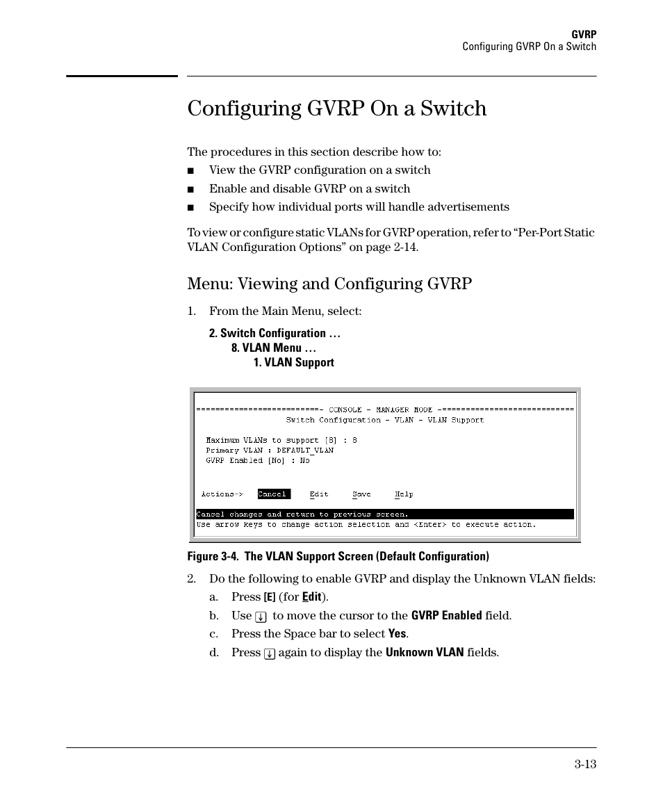 Configuring gvrp on a switch, Menu: viewing and configuring gvrp, Menu: viewing and configuring gvrp -13 | HP 5400ZL User Manual | Page 115 / 450