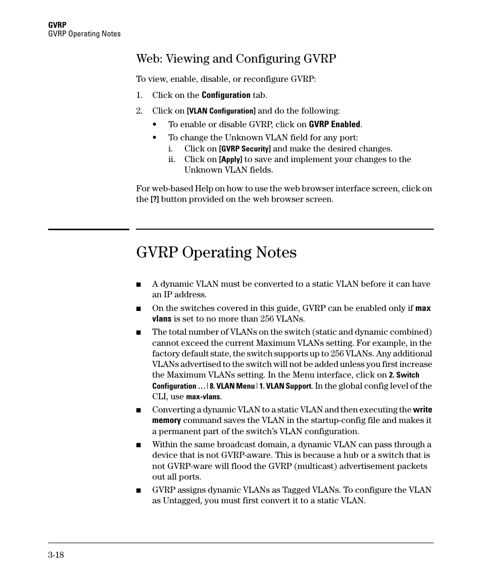 Web: viewing and configuring gvrp, Gvrp operating notes, Web: viewing and configuring gvrp -18 | HP 5400ZL User Manual | Page 120 / 450