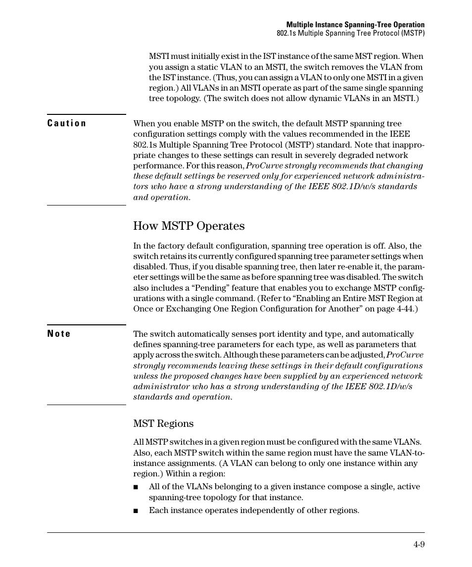 How mstp operates, Mst regions, How mstp operates -9 | Mst regions -9 | HP 5400ZL User Manual | Page 131 / 450