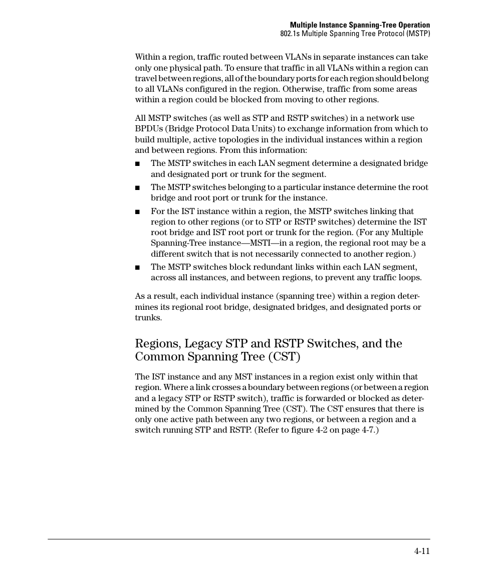 Regions, legacy stp and rstp switches, and the, Common spanning tree (cst) -11 | HP 5400ZL User Manual | Page 133 / 450