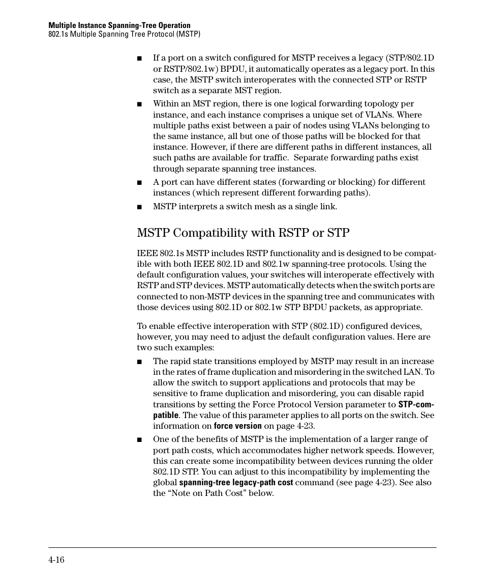 Mstp compatibility with rstp or stp, Mstp compatibility with rstp or stp -16 | HP 5400ZL User Manual | Page 138 / 450