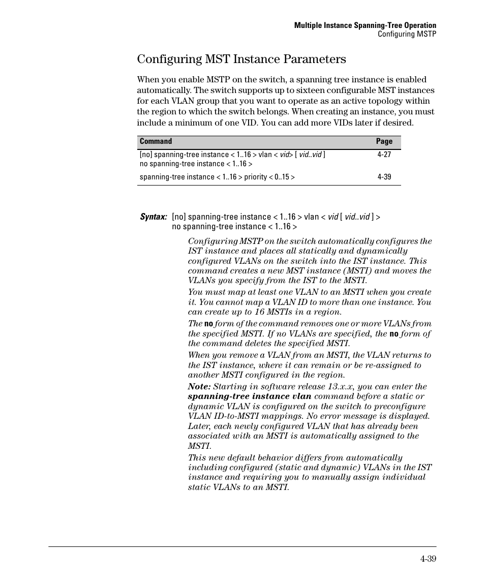 Configuring mst instance parameters, Configuring mst instance parameters -39 | HP 5400ZL User Manual | Page 161 / 450