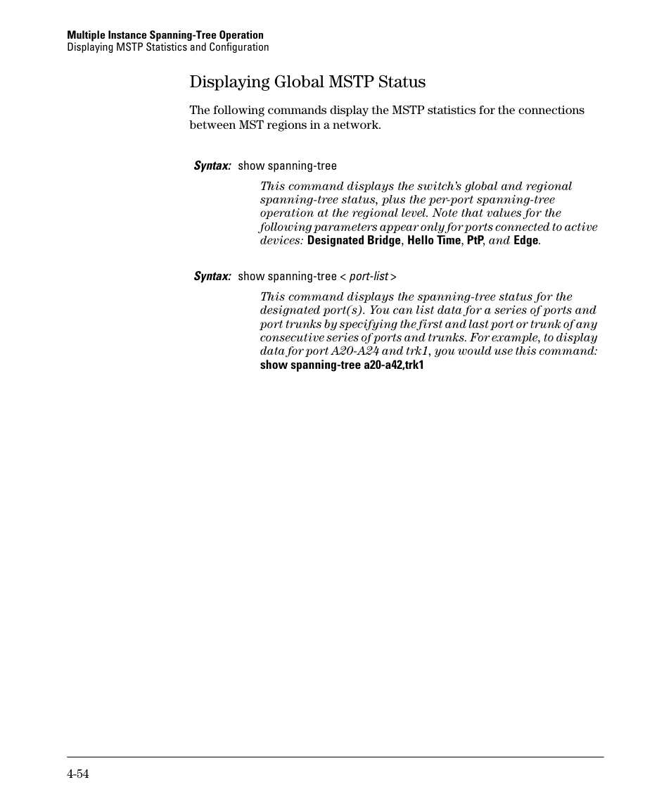 Displaying global mstp status, Displaying global mstp status -54 | HP 5400ZL User Manual | Page 176 / 450