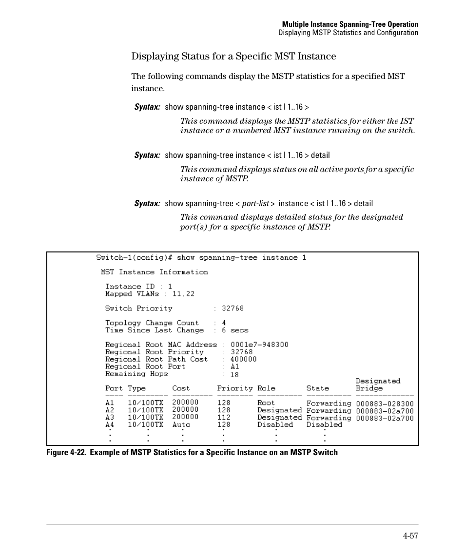 Displaying status for a specific mst instance, Displaying status for a specific mst instance -57 | HP 5400ZL User Manual | Page 179 / 450